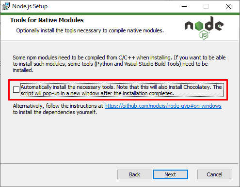 Node.js セットアップ ネイティブモジュール開発ツールのインストール確認
