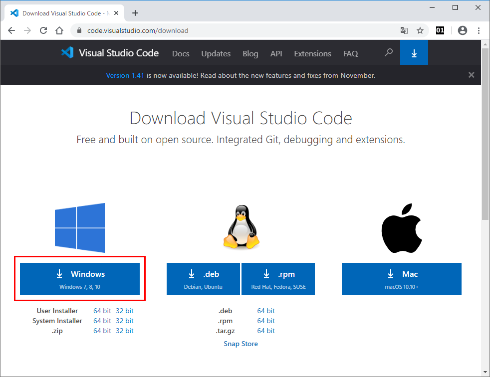 Windows用のVisual Studio Codeのダウンロード