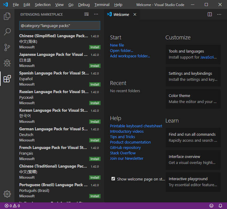 Visual Studio Code言語パックのリスト