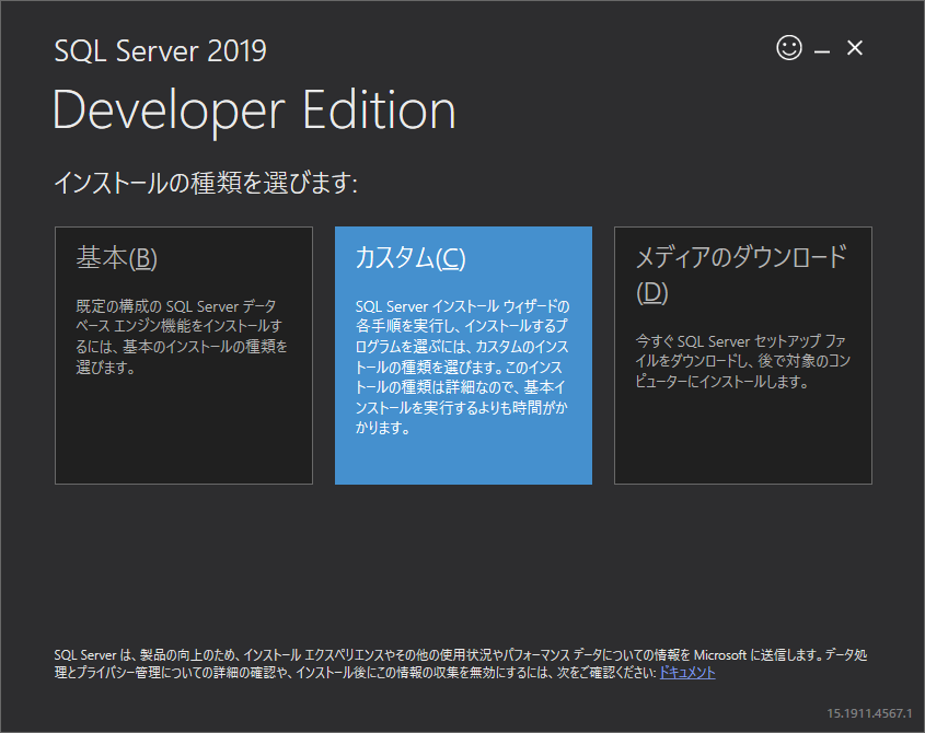 SQL Server 2019 Developer Edition カスタムインストール
