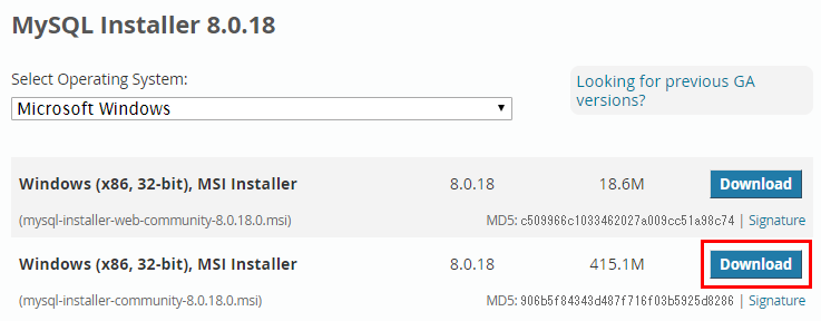 MySQL Installerのダウンロードページ Donloadのリンク