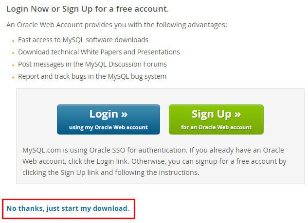 MySQL.com（Oracle）アカウントのログインまたはサインアップのページ No thanksのリンク