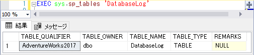 引数にテーブル名を指定してsp_tablesを呼び出す